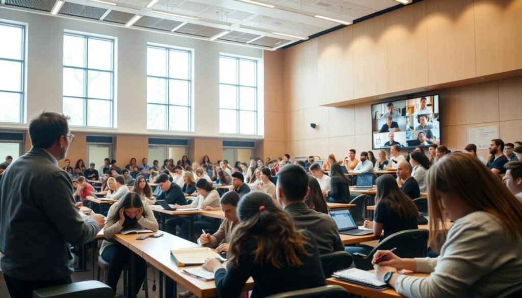 A busy university lecture hall, brightly lit by natural light streaming through large windows. In the foreground, students sit attentively, taking notes as a professor lectures at the front of the room. In the middle ground, a group of students collaborates on a project, discussing ideas and sharing materials. In the background, a smaller, more intimate online classroom is depicted, with students participating via video conferencing, their faces visible on individual laptop screens. The lighting is softer, creating a contemplative atmosphere. The scene conveys the contrasting experiences of in-person and virtual learning environments, highlighting the unique benefits and challenges of each approach.