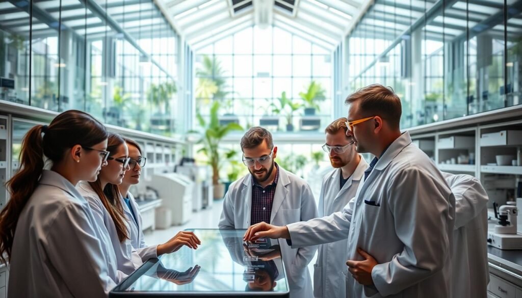 A collaborative, interdisciplinary research environment with scientists from diverse fields working together. In the foreground, researchers in lab coats and safety goggles huddle around a large touchscreen display, analyzing data and brainstorming ideas. In the middle ground, a state-of-the-art laboratory filled with gleaming equipment and workstations. The background features an expansive, light-filled atrium with lush greenery, hinting at the integration of nature and technology. The scene conveys a sense of curiosity, innovation, and intellectual synergy, reflecting the cutting-edge trends and advancements in modern, interdisciplinary research.