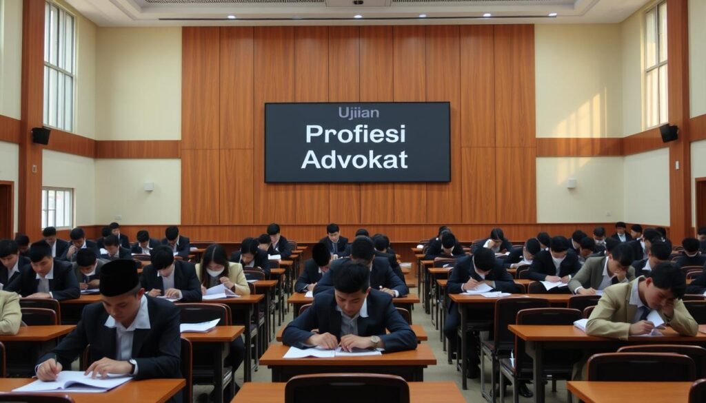 A legal examination hall with rows of desks and chairs, illuminated by warm, natural lighting filtering through large windows. On the front wall, a display board showcases the "Ujian Profesi Advokat" title in a sleek, professional font. Law students in formal attire sit focused, poring over their exam papers, the atmosphere charged with a sense of determination and anticipation. The scene evokes the gravity and significance of this milestone event, where aspiring lawyers demonstrate their readiness to join the esteemed ranks of the legal profession.
