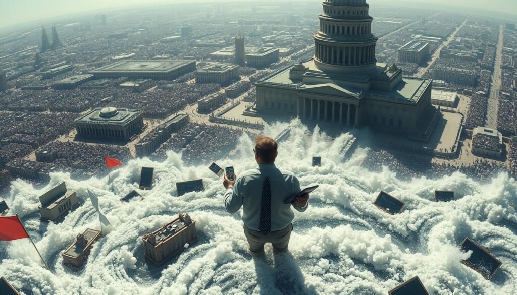 A political buzzer navigates a tumultuous landscape, facing a myriad of challenges. In the foreground, the buzzer stands resolute, digital devices in hand, navigating a swirling tempest of social media. The middle ground reveals a complex web of vested interests, hidden agendas, and partisan divides. In the background, a towering edifice of misinformation and polarization looms, casting long shadows across the scene. The lighting is stark, creating a sense of tension and urgency, while the camera angle suggests a bird's-eye view, offering a panoramic perspective on the scene. The overall mood is one of uncertainty and unease, as the buzzer confronts the daunting obstacles that threaten to undermine the integrity of the political discourse.