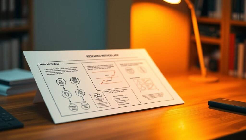 A research methodology diagram on a wooden desk, illuminated by warm, directional lighting from the side. The diagram features a clear, structured layout with distinct sections representing different research approaches, such as longitudinal and cross-sectional studies. The foreground showcases intricate icons and infographic elements, conveying the key concepts visually. The middle ground presents a clean, minimalist aesthetic, allowing the diagram to be the focal point. The background subtly suggests a scholarly environment, with a blurred bookshelf or academic setting, creating a sense of academic context.