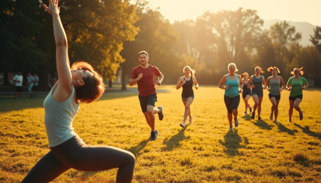 A serene outdoor scene showcasing the physical benefits of exercise. In the foreground, a person performs a dynamic yoga pose, their body moving with grace and flexibility. The middle ground features a runner in mid-stride, their muscles toned and strong. In the background, a group engages in a team sport, their faces flushed with the thrill of physical activity. Warm, golden light bathes the entire scene, creating a sense of vitality and well-being. The composition emphasizes the harmony between the human form and the natural world, inviting the viewer to appreciate the holistic rewards of an active, healthy lifestyle.