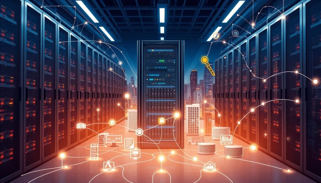 A sleek, modern data center surrounded by stylized, interconnected devices and IoT sensors. The foreground showcases a central server rack, its blinking lights and fans conveying the rapid processing of real-time data. In the middle ground, various edge computing devices are seamlessly integrated, communicating via a web of glowing network connections. The background depicts a cityscape, with skyscrapers and infrastructure symbolizing the widespread adoption of edge computing solutions for efficient, low-latency data management. The scene is illuminated by a soft, warm lighting that creates a sense of technological sophistication and forward-thinking innovation.