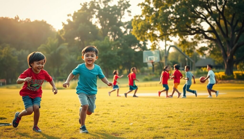 A vibrant outdoor scene showcasing a group of joyful children engaged in various physical activities. In the foreground, two children are playing a lively game of tag, their laughter and exuberance palpable. In the middle ground, a group of children are participating in a friendly game of basketball, their movements fluid and coordinated. In the background, a lush, verdant landscape with towering trees provides a natural setting, bathed in warm, golden sunlight that casts a soft, inviting glow. The overall atmosphere is one of carefree fun, physical exertion, and a sense of well-being, perfectly encapsulating the theme of "Aktivitas Jasmani" and the joy of physical education.