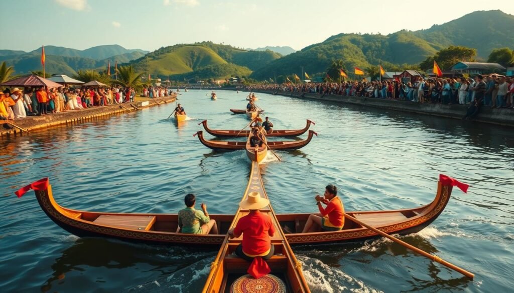 A vibrant scene of &quot;Pacu Jalur&quot;, a traditional boat racing event from West Sumatra, Indonesia. In the foreground, sleek, intricately decorated wooden boats glide across a tranquil river, their oarsmen working in perfect synchrony. In the middle ground, spectators line the riverbanks, their colorful traditional attire and excited expressions capturing the festive atmosphere. The background features lush, verdant hills and a clear, azure sky, creating a harmonious blend of nature and human culture. The lighting is warm and golden, casting a soft, inviting glow over the entire scene. The perspective is slightly elevated, allowing the viewer to take in the full scope of this innovative fusion of tradition and modernity.