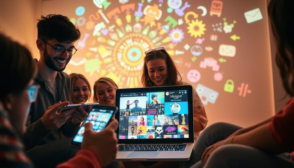 A vibrant scene of young creatives immersed in social media. In the foreground, a group of friends huddle around a smartphone, their faces illuminated by the screen's glow. In the middle ground, a laptop sits open, its display showcasing a collage of digital art and video clips. In the background, a kaleidoscope of colorful visuals - from animated GIFs to video game characters - project onto a wall, creating an electrifying atmosphere. The lighting is soft and diffused, casting a warm, hazy glow over the entire scene. The composition is dynamic and visually engaging, capturing the energy and innovation of youth culture's embrace of social media as a platform for creative expression.