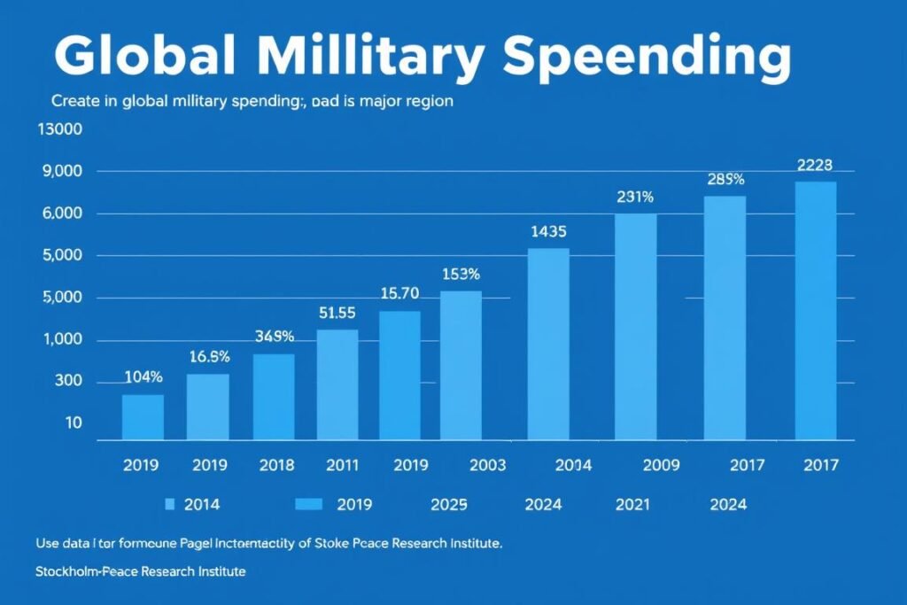 Grafik menunjukkan peningkatan belanja militer global sebagai respons terhadap konflik dan ketegangan geopolitik