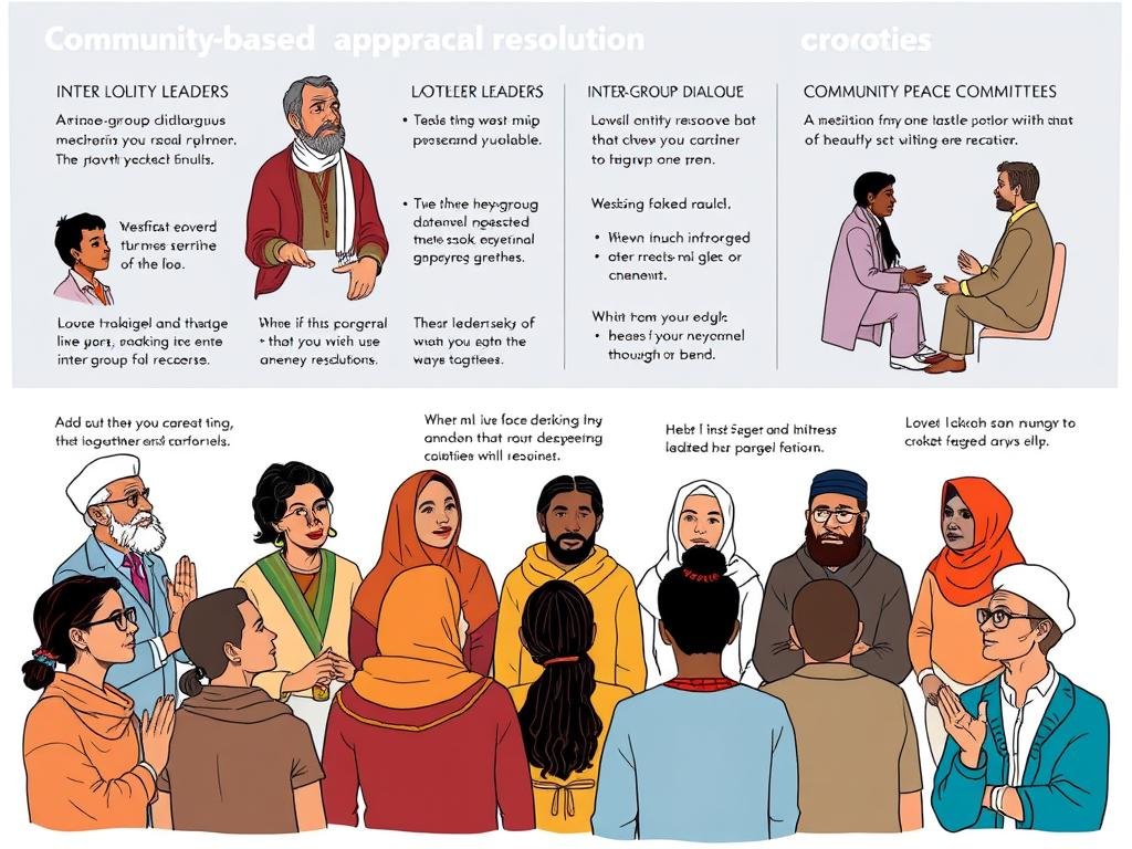 Ilustrasi pendekatan berbasis komunitas dalam resolusi konflik menunjukkan peran pemimpin lokal dan dialog antar kelompok