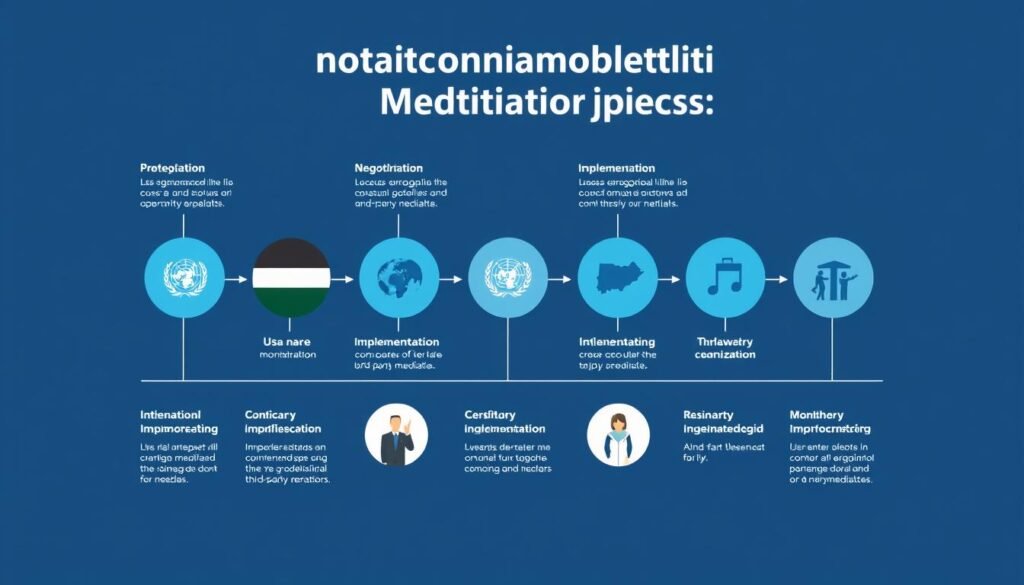 Ilustrasi proses mediasi konflik internasional menunjukkan tahapan dan aktor yang terlibat