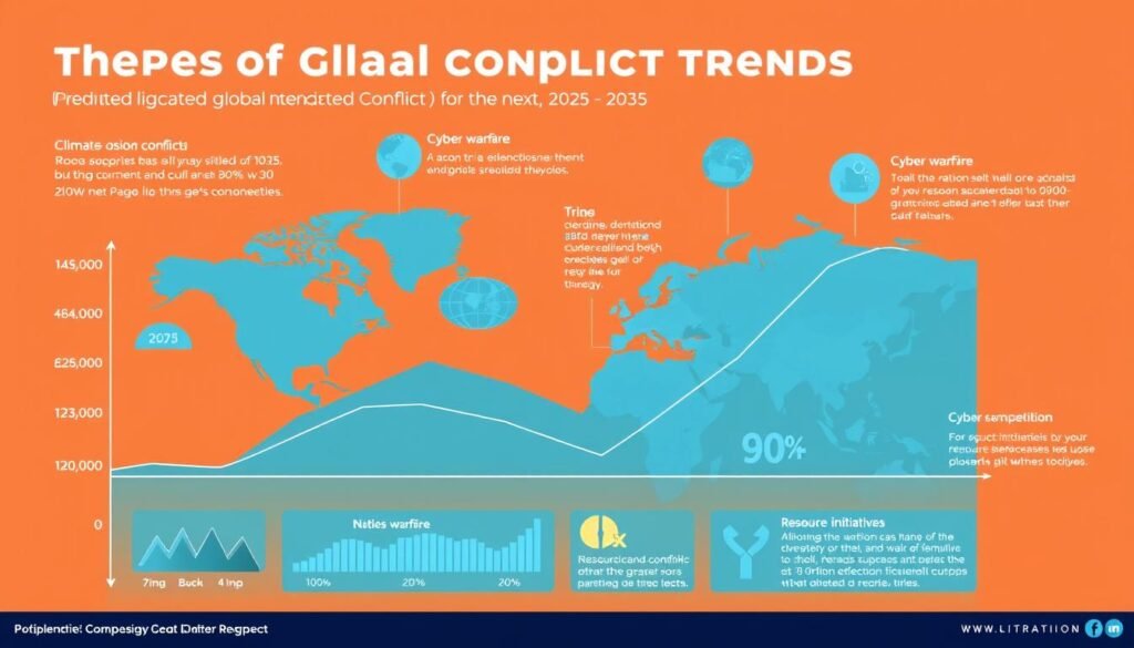 Infografik prediksi tren konflik global untuk dekade mendatang berdasarkan analisis data historis