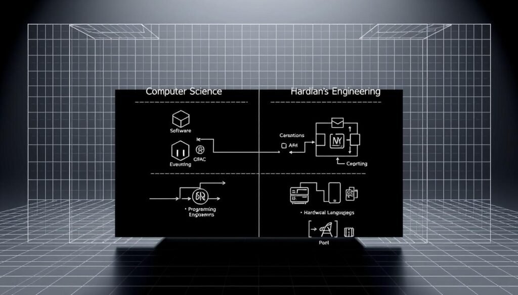 A detailed technical illustration showcasing the key differences between computer science and computer engineering. In the foreground, a schematic diagram depicting the core focus areas of each discipline - software development and hardware/systems engineering, respectively. The middle ground features symbolic icons and diagrams representing the distinct knowledge domains, programming languages, and practical applications. In the background, a minimalist grid or wireframe structure serves as a conceptual framework, highlighting the interplay and interconnectedness of these complementary fields within the broader context of computing. The overall aesthetic is clean, precise, and information-rich, conveying a sense of academic rigor and technological sophistication.