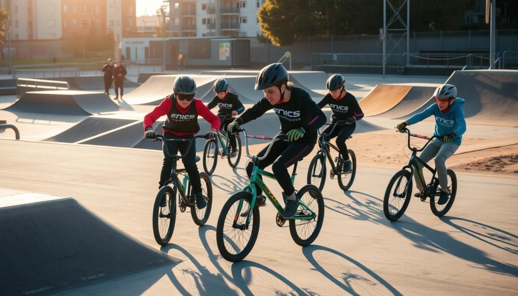 A group of BMX riders in a training session, practicing safety techniques on an urban course with ramps, rails, and dirt jumps. The scene is bathed in warm afternoon sunlight, casting long shadows. The riders wear protective gear - helmets, pads, and gloves - as they demonstrate proper body positioning, balance, and braking control. In the background, a maintenance crew can be seen inspecting the course, ensuring it meets safety standards. The overall atmosphere conveys a sense of dedication, discipline, and a commitment to responsible extreme sports participation.