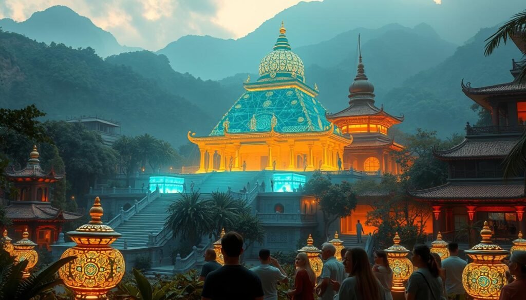 A lush, verdant landscape with a majestic digital temple at its center, surrounded by a fusion of traditional and modern architectural elements. The temple's intricate, glowing digital patterns and holograms blend seamlessly with the natural world, creating a mesmerizing harmony between technology and culture. Warm, diffused lighting bathes the scene, evoking a sense of reverence and wonder. In the foreground, a group of people interact with the digital artifacts, their faces illuminated by the soft glow of the technology. The overall atmosphere is one of reverence, contemplation, and the seamless integration of the digital and the analog.