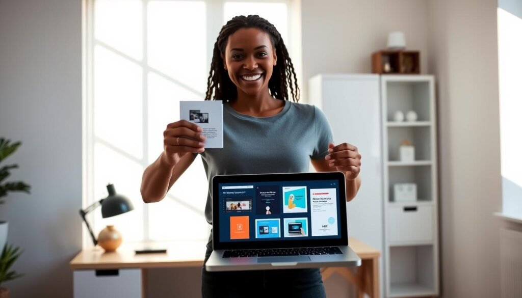 A person standing in a bright, minimalist office space, showcasing a variety of digital products on a laptop screen. The lighting is soft and natural, casting a warm glow over the scene. The background features clean, white walls and a simple, modern desk setup, allowing the digital products to take center stage. The person's expression is one of confidence and enthusiasm, as they demonstrate the ease and affordability of selling digital goods online without the need for a complex website. The overall atmosphere is one of simplicity, accessibility, and the potential for financial empowerment through digital entrepreneurship.
