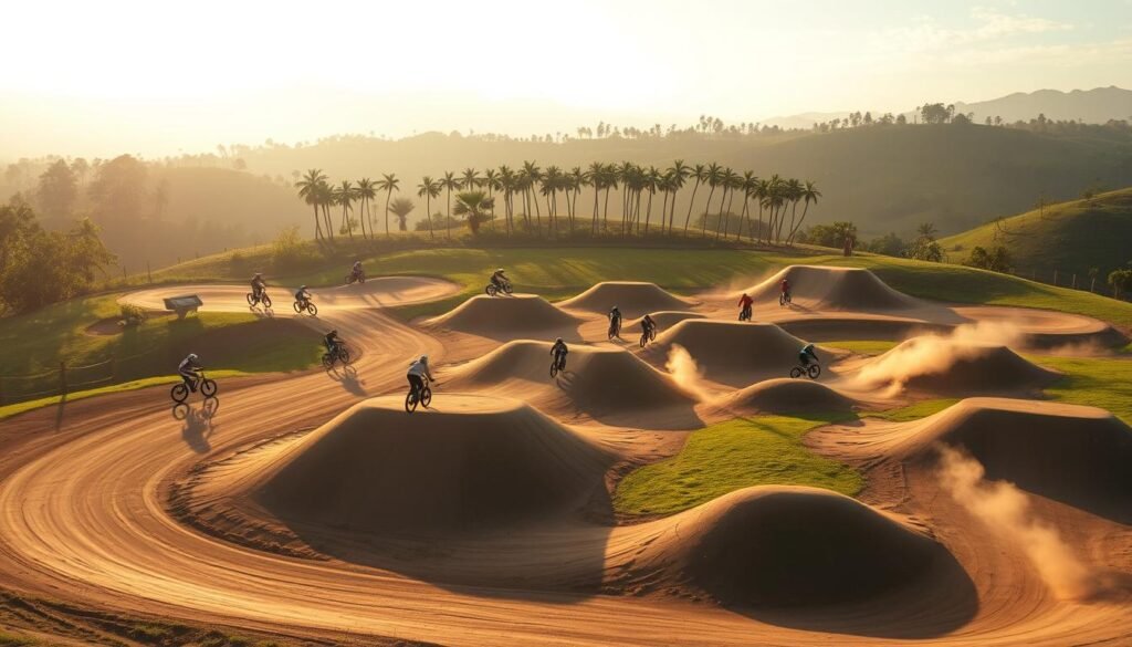 A picturesque outdoor venue nestled amidst the lush greenery of Bali's rolling hills. An expansive dirt track winds through the landscape, perfectly suited for BMX riders to showcase their gravity-defying stunts. The afternoon sun casts a warm, golden glow, creating dynamic shadows that dance across the ramps and obstacles. In the distance, a row of palm trees sway gently in the breeze, adding to the tropical ambiance. Riders of all skill levels carve through the track, their bikes kicking up clouds of dust as they push the limits of their abilities. The atmosphere is one of exhilaration and camaraderie, where a shared passion for extreme cycling unites the community.