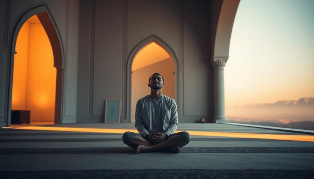 A serene, contemplative scene of spiritual reflection on Quranic verse QS An-Nisa Ayat 36. In the foreground, a person sits cross-legged, eyes closed, hands resting gently in their lap, bathed in warm, diffused light. The middle ground features a minimalist, dimly lit interior with simple, elegant Islamic architectural elements, such as arched doorways and calligraphic panels. The background depicts a tranquil, ethereal landscape with a soft, hazy horizon, evoking a sense of timelessness and connection to the divine. The lighting is soft, directional, and atmospheric, creating a contemplative, introspective mood. The overall composition and color palette aim to visually express the spiritual essence and guidance contained within the Quranic verse.