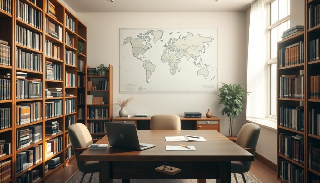 A serene, well-lit interior scene of a public policy research office. Bookshelves line the walls, filled with tomes on economics, political science, and Islamic jurisprudence. A large wooden desk sits in the center, with a laptop, some papers, and a quill pen arranged neatly. Soft, natural light filters in through large windows, casting a warm glow on the scene. In the background, a large world map hangs on the wall, subtly highlighting the global context of the public policy discussions. The mood is one of contemplation and scholarly focus, reflecting the deep consideration of Quranic verse 4:36 and its implications for public welfare.