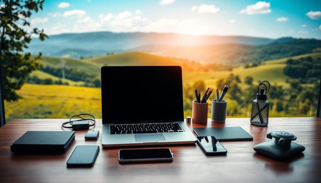 A serene workspace with a laptop, smartphone, and various digital devices arranged neatly on a wooden desk. The background features a lush, verdant landscape with rolling hills and a clear blue sky, creating a calming and inspiring atmosphere. Warm, diffused lighting illuminates the scene, highlighting the technological tools and the natural elements. The composition suggests the harmony between digital earnings and the tranquility of the great outdoors, hinting at the effortless way one can generate income from the internet without the need for a traditional website.