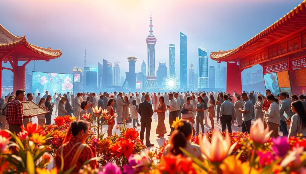 A vibrant, dynamic digital canvas showcasing the future vision of a cultural collaboration. In the foreground, a fusion of traditional and modern elements symbolizes the harmonious blend of heritage and innovation. The middle ground features a diverse array of people from different backgrounds, engaged in lively discussions and creative exchanges. In the background, a futuristic cityscape with towering digital structures and holographic displays sets the stage for this exciting collaborative endeavor. Soft, warm lighting illuminates the scene, creating a sense of optimism and progress. Captured through a wide-angle lens, the composition conveys the grand scale and ambitious scope of this cultural partnership.