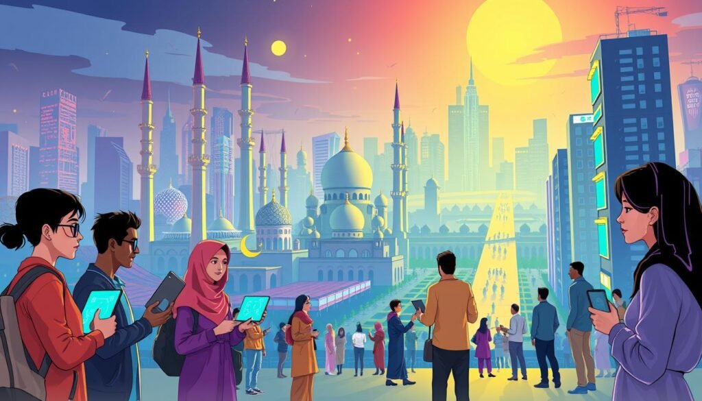 A vibrant, modern illustration showcasing innovative approaches to Islamic outreach (da'wah) in the digital age. In the foreground, a diverse group of young, tech-savvy individuals engage with sleek, holographic interfaces, exploring novel ways to connect with and inspire their millennial peers. The middle ground features a blended landscape of physical and virtual realms, where traditional mosques and lecture halls coexist alongside immersive, interactive learning hubs. In the background, a cityscape of towering skyscrapers and neon-lit streets sets the stage for this forward-thinking vision of da'wah, adapting to the rhythms and expectations of the modern, connected world. A vibrant, modern illustration showcasing innovative approaches to Islamic outreach (da'wah) in the digital age. In the foreground, a diverse group of young, tech-savvy individuals engage with sleek, holographic interfaces, exploring novel ways to connect with and inspire their millennial peers. The middle ground features a blended landscape of physical and virtual realms, where traditional mosques and lecture halls coexist alongside immersive, interactive learning hubs. In the background, a cityscape of towering skyscrapers and neon-lit streets sets the stage for this forward-thinking vision of da'wah, adapting to the rhythms and expectations of the modern, connected world.