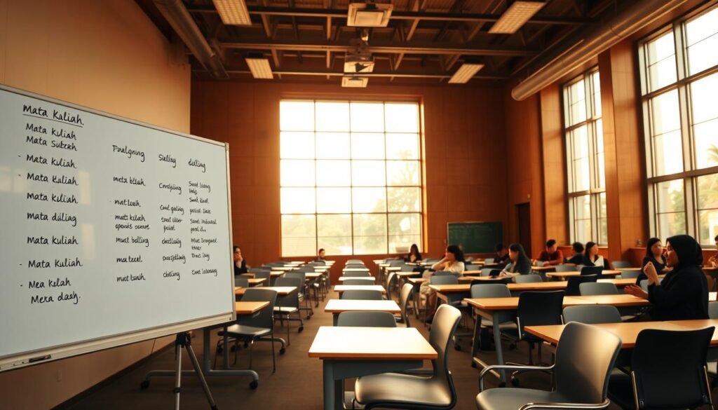 A vibrant university classroom with a warm, welcoming atmosphere. In the foreground, a whiteboard displays a selection of "mata kuliah" (course subjects) written in elegant cursive, reflecting the diversity of an academic curriculum. Midground features rows of modern desks and chairs, arranged in a semicircle, suggesting an engaging, discussion-based learning environment. The background showcases tall windows that flood the room with natural light, casting a soft, golden glow and creating a sense of openness and intellectual stimulation. The overall scene exudes a sense of scholarship, creativity, and a passion for knowledge.