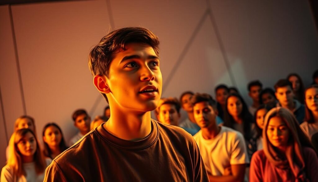 A vibrant, visually captivating scene showcasing "konten visual dakwah". In the foreground, a young, earnest speaker passionately delivers their message, their face illuminated by warm, golden lighting that casts dramatic shadows. In the middle ground, a diverse audience of attentive, engaged millennials, their expressions rapt as they listen intently. The background features a minimalist, clean-lined stage design with geometric shapes and patterns, hinting at the modern, tech-savvy nature of the presentation. The overall atmosphere is one of inspiration, energy, and a sense of connection between the speaker and their youthful, forward-thinking congregation. A vibrant, visually captivating scene showcasing "konten visual dakwah". In the foreground, a young, earnest speaker passionately delivers their message, their face illuminated by warm, golden lighting that casts dramatic shadows. In the middle ground, a diverse audience of attentive, engaged millennials, their expressions rapt as they listen intently. The background features a minimalist, clean-lined stage design with geometric shapes and patterns, hinting at the modern, tech-savvy nature of the presentation. The overall atmosphere is one of inspiration, energy, and a sense of connection between the speaker and their youthful, forward-thinking congregation.