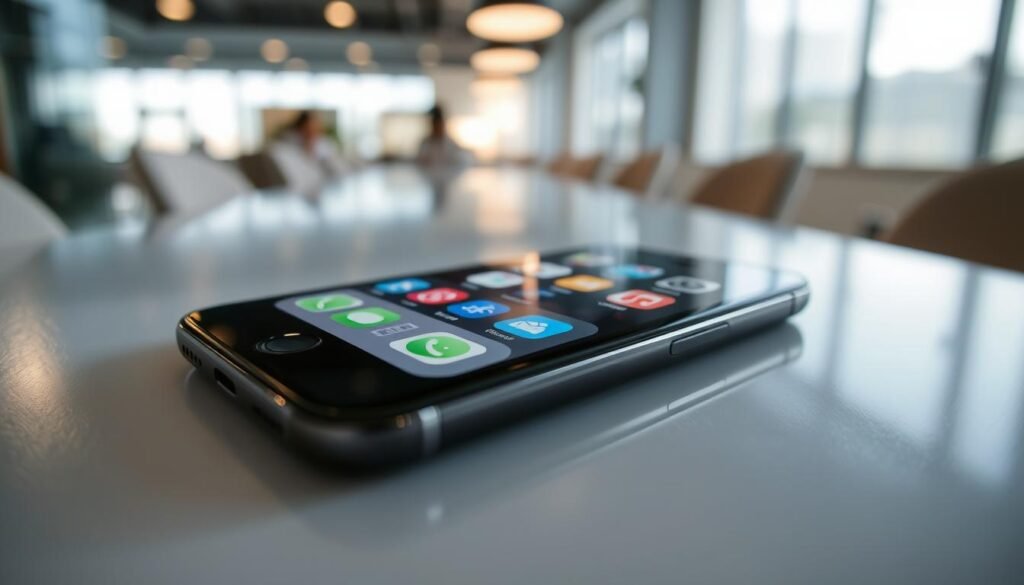 A close-up view of an iOS device displaying a hidden application bar on its screen, emphasizing the specific tap gesture on the app bar. The foreground features the sleek glass surface of the iPhone, reflecting soft ambient lighting. In the middle, the screen depicts multiple app icons arranged in a split-screen format, with a subtle indication of the tapping gesture highlighted. The background is softly blurred to emphasize the device, hinting at a modern office environment with gentle natural light filtering through a window. The atmosphere is professional and engaging, evoking a sense of innovation and ease of use in digital multitasking.