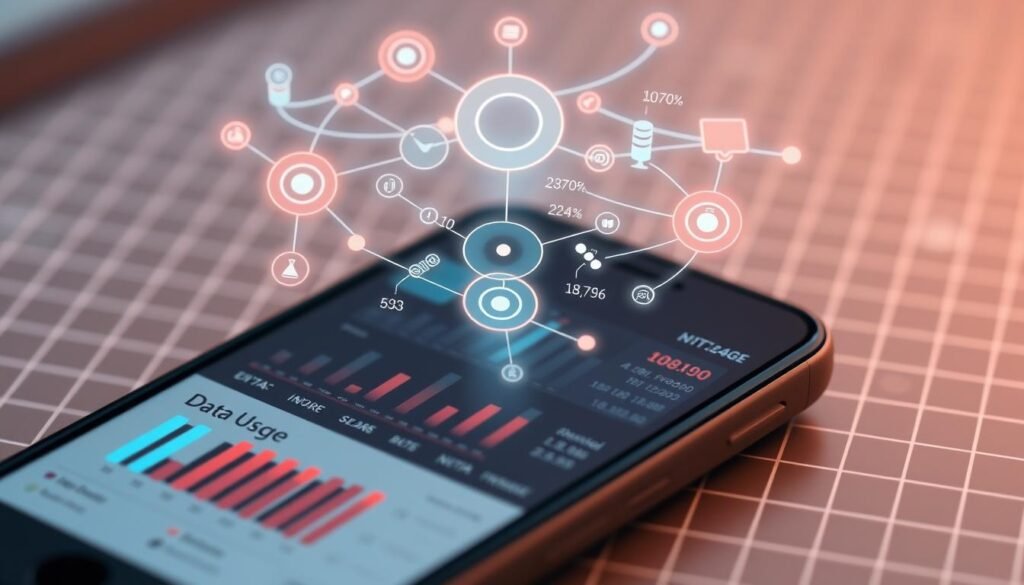 A detailed technical illustration of data usage on a mobile device. In the foreground, a smartphone screen displays a data usage dashboard with bar graphs, pie charts, and numerical statistics. The middle ground features a transparent, holographic overlay of network connection symbols, data packets, and bandwidth metrics. In the background, a subtle grid pattern represents the underlying digital infrastructure. Warm, muted lighting creates a calm, analytical atmosphere. Crisp, high-resolution details capture the complexity of modern mobile data consumption.