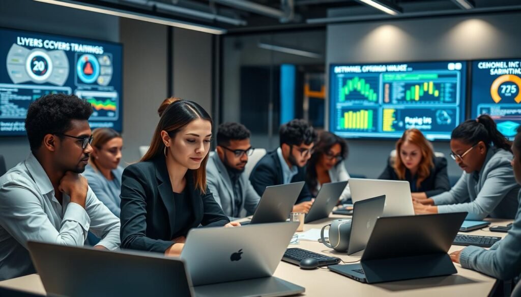 A diverse group of professionals engaged in a cybersecurity training workshop, gathered around a large table adorned with laptops and digital devices. In the foreground, a focused female instructor reviews code on a laptop, her expression conveying determination and expertise, dressed in smart business attire. The middle ground features participants of various ethnicities collaborating, analyzing data on screens, and brainstorming ideas. Soft, focused lighting creates a productive ambiance, while a backdrop of a modern office with digital screens displaying cybersecurity statistics and charts enhances the technological atmosphere. The overall mood is one of engagement, motivation, and the dynamic pursuit of knowledge in cybersecurity skills development. A diverse group of professionals engaged in a cybersecurity training workshop, gathered around a large table adorned with laptops and digital devices. In the foreground, a focused female instructor reviews code on a laptop, her expression conveying determination and expertise, dressed in smart business attire. The middle ground features participants of various ethnicities collaborating, analyzing data on screens, and brainstorming ideas. Soft, focused lighting creates a productive ambiance, while a backdrop of a modern office with digital screens displaying cybersecurity statistics and charts enhances the technological atmosphere. The overall mood is one of engagement, motivation, and the dynamic pursuit of knowledge in cybersecurity skills development.