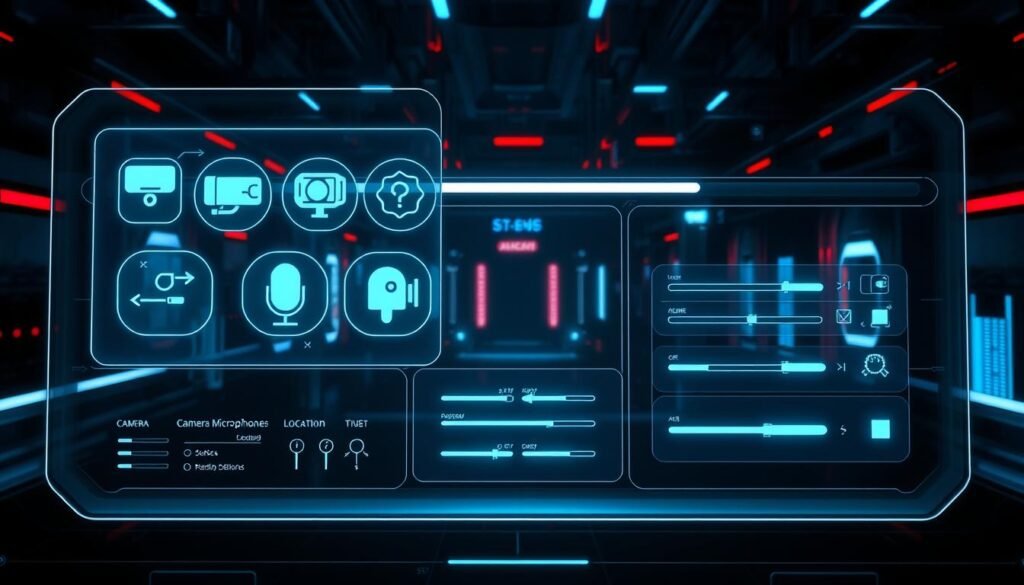 A futuristic, high-tech surveillance system interface. In the foreground, a holographic display shows various camera, microphone, and location icons, pulsing with real-time data. The middle ground features sleek, minimalist control panels with toggles, sliders, and buttons for adjusting permissions and access. The background depicts a dimly lit, cyberpunk-inspired environment with glowing digital elements and futuristic architecture. The overall atmosphere is ominous and unsettling, conveying the potentially harmful nature of uncontrolled app permissions and device surveillance.