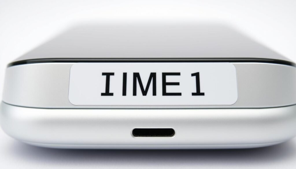 A high-resolution, close-up image of a mobile device's IMEI (International Mobile Equipment Identity) number displayed on its back or side panel. The IMEI is presented against a simple, neutral background, such as a plain white or light gray surface, with the label "IMEI" clearly visible. The lighting is bright and even, emphasizing the crisp, legible digits of the IMEI code. The perspective is direct and centered, giving a sense of authority and importance to the technical detail. The overall mood is one of precision, authenticity, and the underlying verification process for device legitimacy.