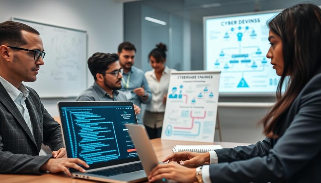 A modern cybersecurity training environment, featuring a diverse group of four professionals in business attire engaged in a hands-on workshop. In the foreground, a woman is demonstrating technical skills on a laptop, showing intricate code and security software, while a man observes and takes notes. In the middle ground, two other individuals discuss a cybersecurity poster that highlights soft skills like communication and teamwork. The background includes a digital whiteboard filled with diagrams and flowcharts related to cyber defense strategy. Soft, focused lighting illuminates the scene, with a slight depth of field effect that blurs the background, creating an engaging atmosphere of collaboration and learning. The overall mood is dynamic and focused, emphasizing the importance of enhancing both technical and soft skills in cybersecurity. A modern cybersecurity training environment, featuring a diverse group of four professionals in business attire engaged in a hands-on workshop. In the foreground, a woman is demonstrating technical skills on a laptop, showing intricate code and security software, while a man observes and takes notes. In the middle ground, two other individuals discuss a cybersecurity poster that highlights soft skills like communication and teamwork. The background includes a digital whiteboard filled with diagrams and flowcharts related to cyber defense strategy. Soft, focused lighting illuminates the scene, with a slight depth of field effect that blurs the background, creating an engaging atmosphere of collaboration and learning. The overall mood is dynamic and focused, emphasizing the importance of enhancing both technical and soft skills in cybersecurity.