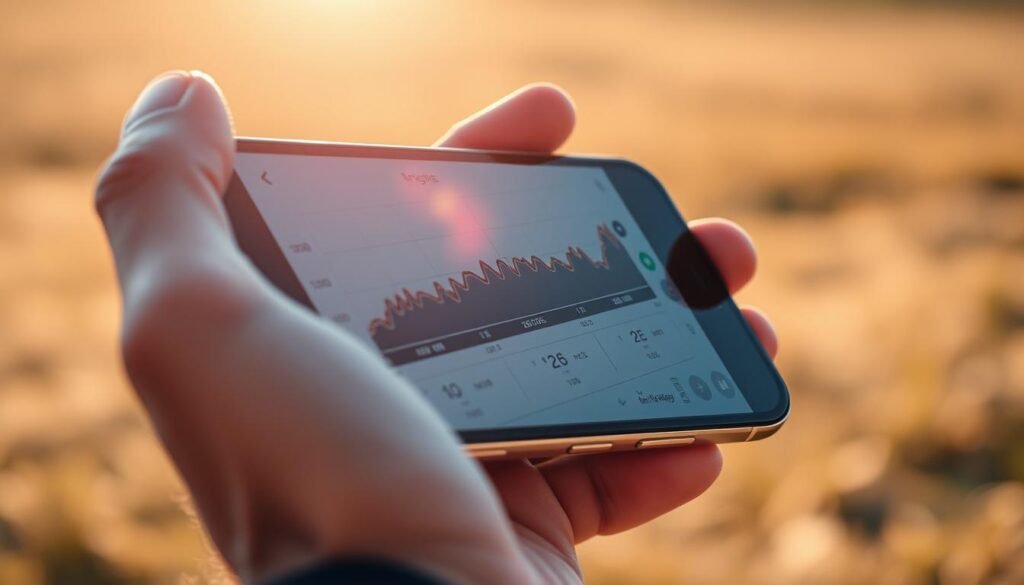 A professional-looking image of a smartphone's Field Test Mode screen, captured with a high-resolution camera and a macro lens. The screen shows a detailed signal strength graph, with various technical metrics and indicators. The phone is held in a hand, framed against a blurred background of an outdoor field or meadow, bathed in natural sunlight. The overall mood is one of technical exploration and optimization, with a sense of focus and purpose.