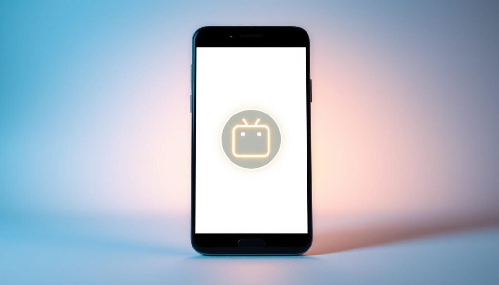 A sleek Android smartphone with a glowing cache icon prominently displayed on the screen. The device is set against a minimalist, gradient background that gently fades from a soothing blue to a soft white. The screen is illuminated by warm, directional lighting, casting subtle shadows and highlights that accentuate the smartphone's curves and contours. The cache icon, rendered in a simple yet impactful vector style, pulsates with a subtle animation, symbolizing the process of clearing the device's cache for improved performance. The overall composition conveys a sense of efficiency, technology, and a clean, uncluttered aesthetic, aligning with the "Percepat HP Android Lama dengan pembersihan cerdas dan manajemen aplikasi" section title.