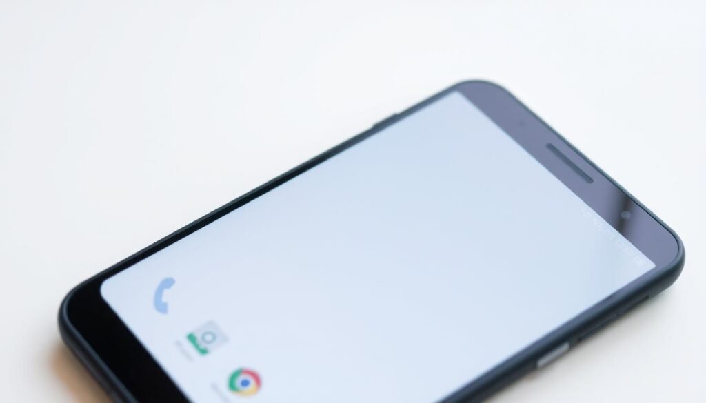 A smartphone screen with a clean, minimalist interface. The display shows a simple home screen with only essential icons and widgets, no clutter or distractions. The screen has a soft, muted color palette, creating a calm and efficient atmosphere. The lighting is gentle, with soft shadows and highlights that accentuate the sleek design of the device. The camera angle is slightly angled, providing a dynamic perspective that showcases the optimized screen layout. The overall impression is of a streamlined, high-performance Android device that has been thoughtfully optimized for speed and usability.