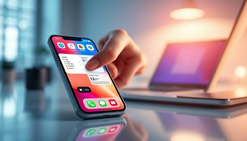 A visually stunning illustration of two iOS productivity apps side by side on an iPhone screen, showcasing a split-screen feature. In the foreground, focus on a sleek iPhone displaying vibrant app interfaces, such as a calendar and note-taking app, dynamically interacting with touch gestures. In the middle, depict a user’s hand gently swiping between the apps, emphasizing multitasking. The background should feature a modern, tech-inspired workspace with a clean desk, soft ambient lighting, and a subtle hint of a laptop, creating a professional atmosphere. Use a shallow depth of field to enhance the focus on the phone while keeping the background slightly blurred, conveying a sense of productivity and efficiency. The mood is energetic yet organized, perfect for an article on maximizing iOS productivity.