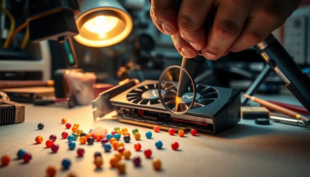 A close-up of a technician's hands carefully operating a hot air gun for reballing a GTX 1080 Ti GPU. In the foreground, show the hot air gun with a focused nozzle emitting a stream of hot air, surrounded by small, colorful solder balls scattered on a surface. In the middle ground, include the graphics card partially disassembled with visible solder pads, and a magnifying glass highlighting one of the connection points. The background should display a cluttered workspace with tools such as tweezers, a soldering iron, and a workstation lamp casting soft, warm light. The atmosphere should convey a sense of focused concentration, illustrating the delicate nature of the reballing process. No text or markings are present, ensuring a clean professional look. A close-up of a technician's hands carefully operating a hot air gun for reballing a GTX 1080 Ti GPU. In the foreground, show the hot air gun with a focused nozzle emitting a stream of hot air, surrounded by small, colorful solder balls scattered on a surface. In the middle ground, include the graphics card partially disassembled with visible solder pads, and a magnifying glass highlighting one of the connection points. The background should display a cluttered workspace with tools such as tweezers, a soldering iron, and a workstation lamp casting soft, warm light. The atmosphere should convey a sense of focused concentration, illustrating the delicate nature of the reballing process. No text or markings are present, ensuring a clean professional look.