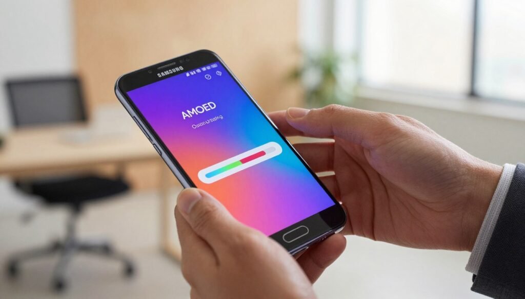 A close-up view of a Samsung Galaxy smartphone displaying a software update notification on its vibrant AMOLED screen. The foreground features the phone with a sleek design and clear details of the interface, highlighting the update progress bar in vivid colors. In the middle, a pair of hands—in professional attire—carefully navigate the screen, symbolizing user engagement and the importance of performing updates. The background presents a softly blurred environment of a modern office space, with warm, natural lighting creating a professional atmosphere. The overall mood is focused and futuristic, emphasizing the role of technology in enhancing user experience and the significance of keeping devices updated for optimal performance. A close-up view of a Samsung Galaxy smartphone displaying a software update notification on its vibrant AMOLED screen. The foreground features the phone with a sleek design and clear details of the interface, highlighting the update progress bar in vivid colors. In the middle, a pair of hands—in professional attire—carefully navigate the screen, symbolizing user engagement and the importance of performing updates. The background presents a softly blurred environment of a modern office space, with warm, natural lighting creating a professional atmosphere. The overall mood is focused and futuristic, emphasizing the role of technology in enhancing user experience and the significance of keeping devices updated for optimal performance.