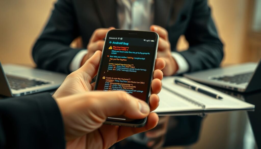 A close-up view of a smartphone screen displaying error messages and bug icons, surrounded by a sleek modern workspace setting. In the foreground, the screen has visible graphical glitches, indicating "Android bug" issues, with bright red and yellow highlights for emphasis. In the middle ground, a pair of hands, dressed in professional attire, are holding the phone, appearing frustrated. The background features a softly blurred desk with a laptop and code snippets on a notepad to create a tech-oriented atmosphere. The lighting is warm and focused on the phone, creating a serious yet contemplative mood, as if the person is troubleshooting a problem. The overall composition should invoke the sense of challenge and frustration related to software stability.