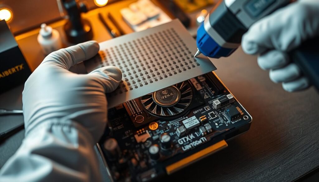 A detailed close-up of a technician meticulously performing stencil reballing on a GTX 1080 Ti graphics card using a precision stencil and hot air gun. The foreground features hands in professional attire, carefully aligning a metal stencil over a circuit board, with visible solder balls ready for reballing. In the middle, the graphics card's intricate components and fine solder pads are showcased, emphasizing the delicate nature of the task. The background is softly blurred, hinting at a well-organized workstation with tools like tweezers, flux, and a hot air rework station, illuminated by warm, soft lighting for an inviting atmosphere. The angle is slightly overhead, capturing the technician’s concentration and the precision required for the process. A detailed close-up of a technician meticulously performing stencil reballing on a GTX 1080 Ti graphics card using a precision stencil and hot air gun. The foreground features hands in professional attire, carefully aligning a metal stencil over a circuit board, with visible solder balls ready for reballing. In the middle, the graphics card's intricate components and fine solder pads are showcased, emphasizing the delicate nature of the task. The background is softly blurred, hinting at a well-organized workstation with tools like tweezers, flux, and a hot air rework station, illuminated by warm, soft lighting for an inviting atmosphere. The angle is slightly overhead, capturing the technician’s concentration and the precision required for the process.