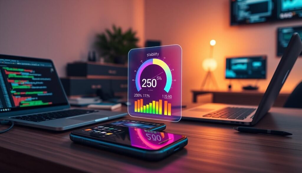 A futuristic digital workspace featuring a sleek Android smartphone displaying the Stabilitas custom ROM interface. In the foreground, the phone rests on a modern wooden desk alongside a laptop with coding software open, emphasizing technology and innovation. The middle section shows a glowing holographic display emitting vibrant colors that illustrate the ROM's stability metrics, suggesting a balance of performance and reliability. Soft, ambient lighting bathes the room in a warm and inviting glow, while the background hints at a tech-savvy environment, with wall-mounted screens showing graphs and charts. The overall mood portrays a high-tech, focused atmosphere, reflecting the advancements in custom ROM stability for 2024.