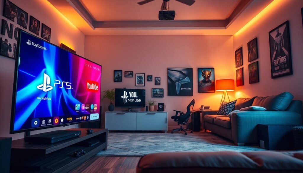 A high-tech living room with a modern gaming setup featuring a PlayStation 5 prominently displayed. In the foreground, a sleek television screen showcasing vibrant 4K HDR visuals with breathtaking colors, depicting a dynamic YouTube interface. The middle section includes a stylish gaming console, alongside a comfortable gaming chair, and various gadgets subtly hinting at a high-speed internet setup. The background features soft ambient lighting that creates a cozy yet advanced atmosphere. The room is adorned with gaming memorabilia and posters, enhancing the immersive feel. Use a wide-angle lens perspective to capture the depth of the space, with warm tones dominating the scene and a soft glow illuminating the gaming area. The overall mood conveys excitement and sophistication in optimizing the gaming experience. A high-tech living room with a modern gaming setup featuring a PlayStation 5 prominently displayed. In the foreground, a sleek television screen showcasing vibrant 4K HDR visuals with breathtaking colors, depicting a dynamic YouTube interface. The middle section includes a stylish gaming console, alongside a comfortable gaming chair, and various gadgets subtly hinting at a high-speed internet setup. The background features soft ambient lighting that creates a cozy yet advanced atmosphere. The room is adorned with gaming memorabilia and posters, enhancing the immersive feel. Use a wide-angle lens perspective to capture the depth of the space, with warm tones dominating the scene and a soft glow illuminating the gaming area. The overall mood conveys excitement and sophistication in optimizing the gaming experience.