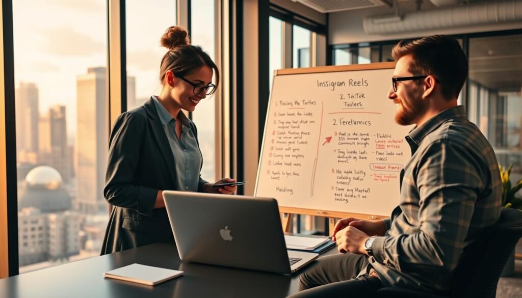 A modern office space with two creative professionals, a woman and a man, engaged in a lively discussion about video platform earnings. In the foreground, they are examining charts and analytics on a laptop, dressed in smart casual attire. The middle ground features a whiteboard filled with notes comparing TikTok and Instagram Reels, visually representing potential income streams. The background showcases a large window with a view of a dynamic city skyline, illuminated by warm afternoon light. The atmosphere is vibrant yet professional, highlighting innovation and collaboration. Use a wide-angle lens to capture the entire scene with soft lighting for a welcoming feel, emphasizing the contrast between the two platforms’ earning potential.