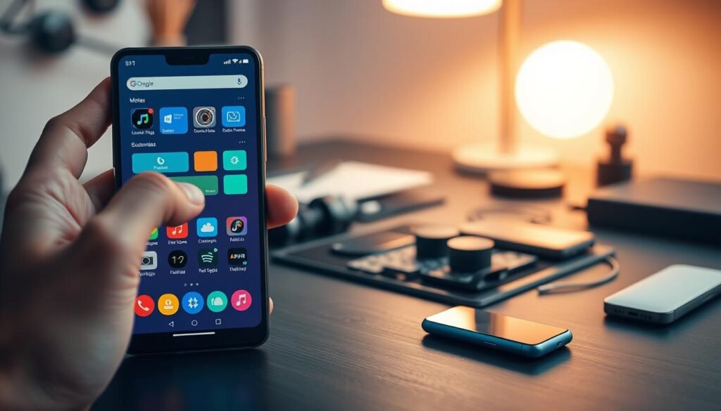 A modern smartphone interface showcasing customization options, featuring vibrant color palettes and dynamic widgets. In the foreground, a hand interacts with the screen, highlighting various personalized settings like app layouts and themes. In the middle ground, a sleek smartphone lies on a stylish desk filled with tech gadgets, symbolizing a blend of functionality and design. In the background, a blurred image of a minimalist workspace, with soft ambient lighting creating a calm and focused atmosphere. The overall mood is inviting and innovative, emphasizing the contrast between customizability and simplicity in smartphone interfaces. The lighting is warm, reflecting creative energy and modern technology trends.