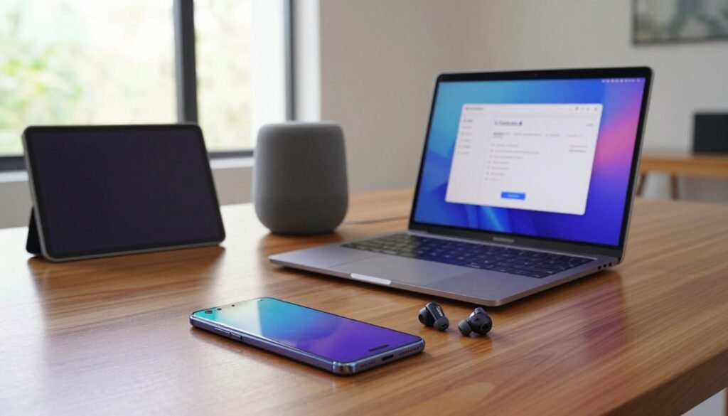 A modern workspace showcasing the seamless integration of Samsung Galaxy devices with various non-Samsung gadgets. In the foreground, a sleek Samsung Galaxy smartphone and a pair of Samsung TWS earbuds are placed on a polished wooden desk, with subtle reflections on the surface. In the middle ground, a stylish laptop displays a vibrant interface of the Samsung AI Translate app, while an array of non-Samsung devices, like a tablet and a smart speaker, are positioned harmoniously. The background features soft, diffused natural lighting coming through a large window, creating a warm and inviting atmosphere. The overall mood conveys innovation and connectivity, emphasizing the ease of using Samsung technology alongside other brands. Capture this scene at eye level with a slightly blurred background to focus on the devices. A modern workspace showcasing the seamless integration of Samsung Galaxy devices with various non-Samsung gadgets. In the foreground, a sleek Samsung Galaxy smartphone and a pair of Samsung TWS earbuds are placed on a polished wooden desk, with subtle reflections on the surface. In the middle ground, a stylish laptop displays a vibrant interface of the Samsung AI Translate app, while an array of non-Samsung devices, like a tablet and a smart speaker, are positioned harmoniously. The background features soft, diffused natural lighting coming through a large window, creating a warm and inviting atmosphere. The overall mood conveys innovation and connectivity, emphasizing the ease of using Samsung technology alongside other brands. Capture this scene at eye level with a slightly blurred background to focus on the devices.