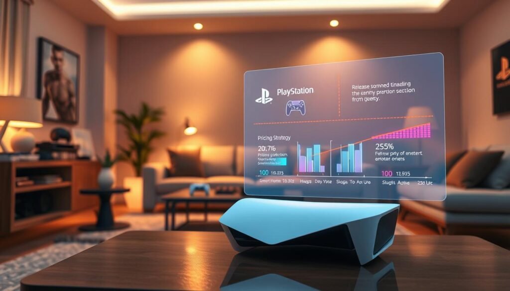 A sleek, futuristic vision of the PlayStation 6 console showcased prominently in a modern living room setting. In the foreground, the PS6 sits on a stylish coffee table, with its smooth, angular design gleaming under warm, ambient lighting. In the middle ground, a semi-transparent holographic display projects vibrant graphics related to its pricing strategy and release timeline, illustrating key points with dynamic visuals. The background features a cozy yet contemporary room with soft lighting, smart home devices subtly integrated, and gaming paraphernalia tastefully arranged. The atmosphere is one of anticipation and innovation, capturing the excitement of future gaming technology. The composition is shot from a slight angle to emphasize the console's design while ensuring the overall feel is modern and impactful. A sleek, futuristic vision of the PlayStation 6 console showcased prominently in a modern living room setting. In the foreground, the PS6 sits on a stylish coffee table, with its smooth, angular design gleaming under warm, ambient lighting. In the middle ground, a semi-transparent holographic display projects vibrant graphics related to its pricing strategy and release timeline, illustrating key points with dynamic visuals. The background features a cozy yet contemporary room with soft lighting, smart home devices subtly integrated, and gaming paraphernalia tastefully arranged. The atmosphere is one of anticipation and innovation, capturing the excitement of future gaming technology. The composition is shot from a slight angle to emphasize the console's design while ensuring the overall feel is modern and impactful.