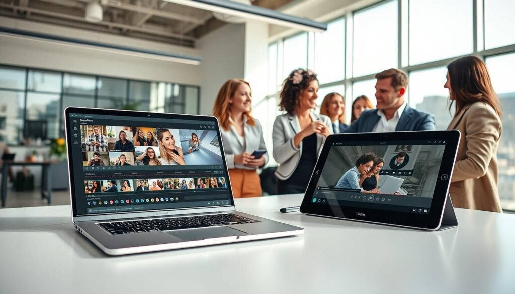 A vibrant and dynamic workspace showcasing a modern video editing platform, inspired by the features of TikTok, is depicted in the foreground. A sleek laptop with an open editing software interface displays colorful video clips and a user-friendly timeline, while a digital tablet shows a user skillfully editing videos. The middle ground features a diverse group of creative professionals, including a young woman in stylish casual wear and a man in business attire, collaborating and discussing ideas animatedly. In the background, a bright, minimalist office space with large windows allows natural light to flood the scene, enhancing the atmosphere of creativity and innovation. The overall mood is energetic and inspiring, evoking the spirit of digital storytelling and content flexibility. The angle captures the action from a slightly elevated perspective, emphasizing the teamwork and creativity at play.