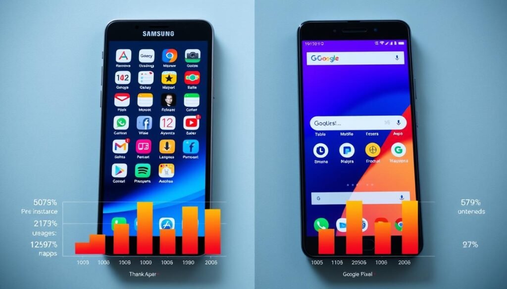 An analytical comparison of smartphone bloatware, featuring a split-screen design. On the left, a Samsung Galaxy interface showcasing common pre-installed apps, neatly arranged, with an emphasis on social media and productivity icons. On the right, a Google Pixel interface, displaying a minimalist design with fewer, essential apps. The foreground highlights graphs and statistics indicating resource usage and user reviews, designed like a tech report, with vibrant colors contrasting on both sides. The background shows subtle tech-themed elements, such as circuit patterns or abstract shapes, to create an engaging atmosphere. Soft, cool lighting enhances the modern tech feel, shot with a flat lay angle to provide clarity and a professional aesthetic.