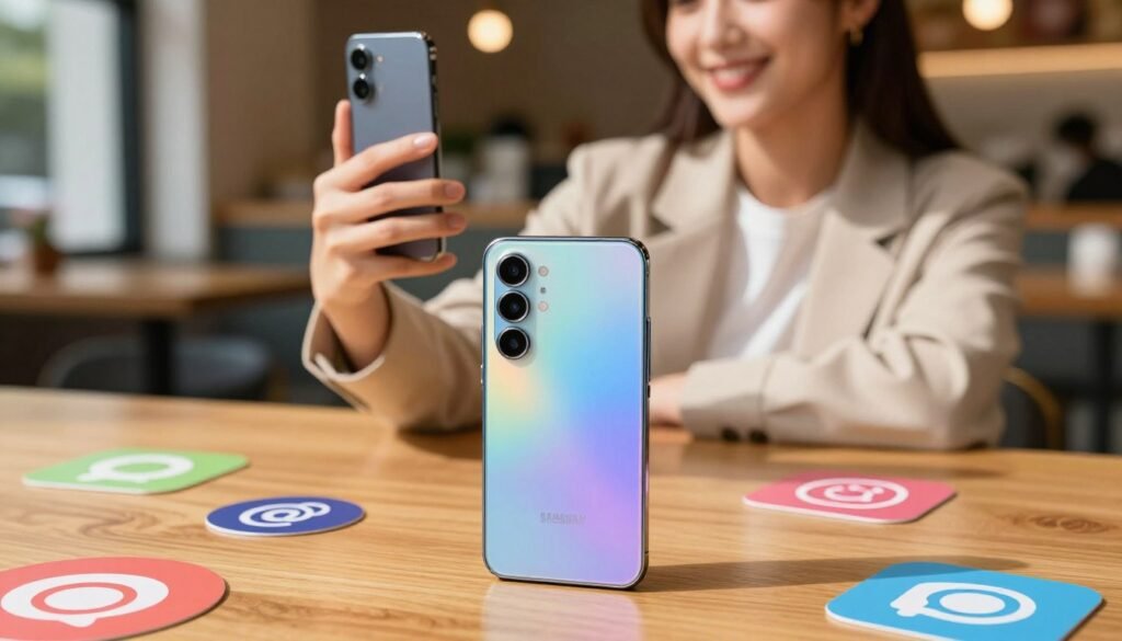 A Samsung Galaxy A35 smartphone prominently displayed in the foreground, resting on a stylish wooden desk surrounded by vibrant social media icons and colorful graphics, symbolizing its performance for social media use. In the middle ground, a user, dressed in casual yet professional attire, is taking a selfie with the phone, capturing a moment of joy and connection. The background features a softly blurred café scene with warm lighting, emphasizing a cozy atmosphere where social media engagement happens. The overall mood should be lively and engaging, highlighting the smartphone's suitability for social media with bright colors and dynamic composition. The image should have natural lighting, simulating a sunny day, with a shallow depth of field to focus on the phone and the user.