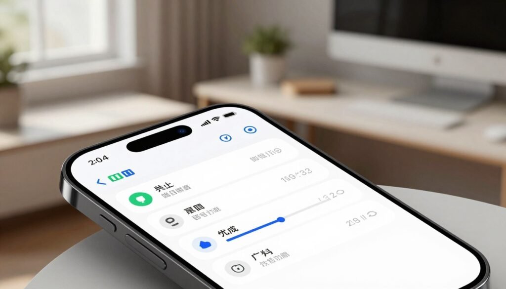 A close-up, detailed view of a modern smartphone displaying a customized settings menu for display and notifications. In the foreground, the phone's screen shows various icons and sliders for brightness, battery saver mode, and notification settings, with a clean, user-friendly interface. In the middle background, a stylish, soft-focus workspace setting complements the technology, featuring a sleek desk and minimalistic decor that reflects a contemporary lifestyle. Warm, natural lighting streams in from a window, creating a cozy atmosphere. The image conveys an organized, efficient, and tech-savvy mood focused on maximizing battery life through optimal settings. The angle captures the essence of usability and personalization without any text or distractions.